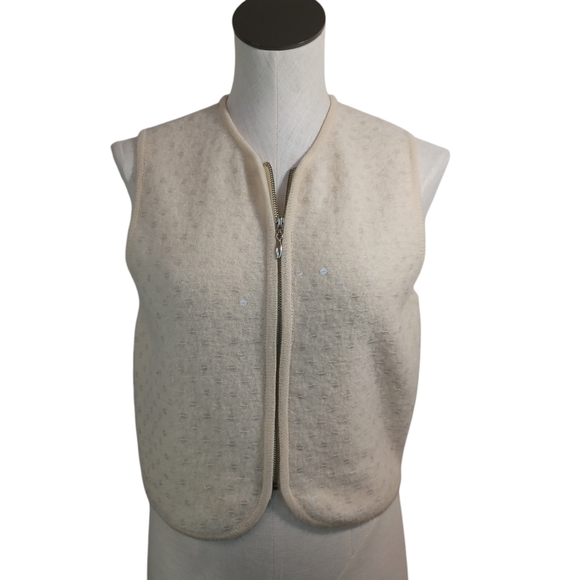 ICE Sweater Vest Ivory 100% Wool Sequin Full Zip Womens Medium - Picture 11 of 11